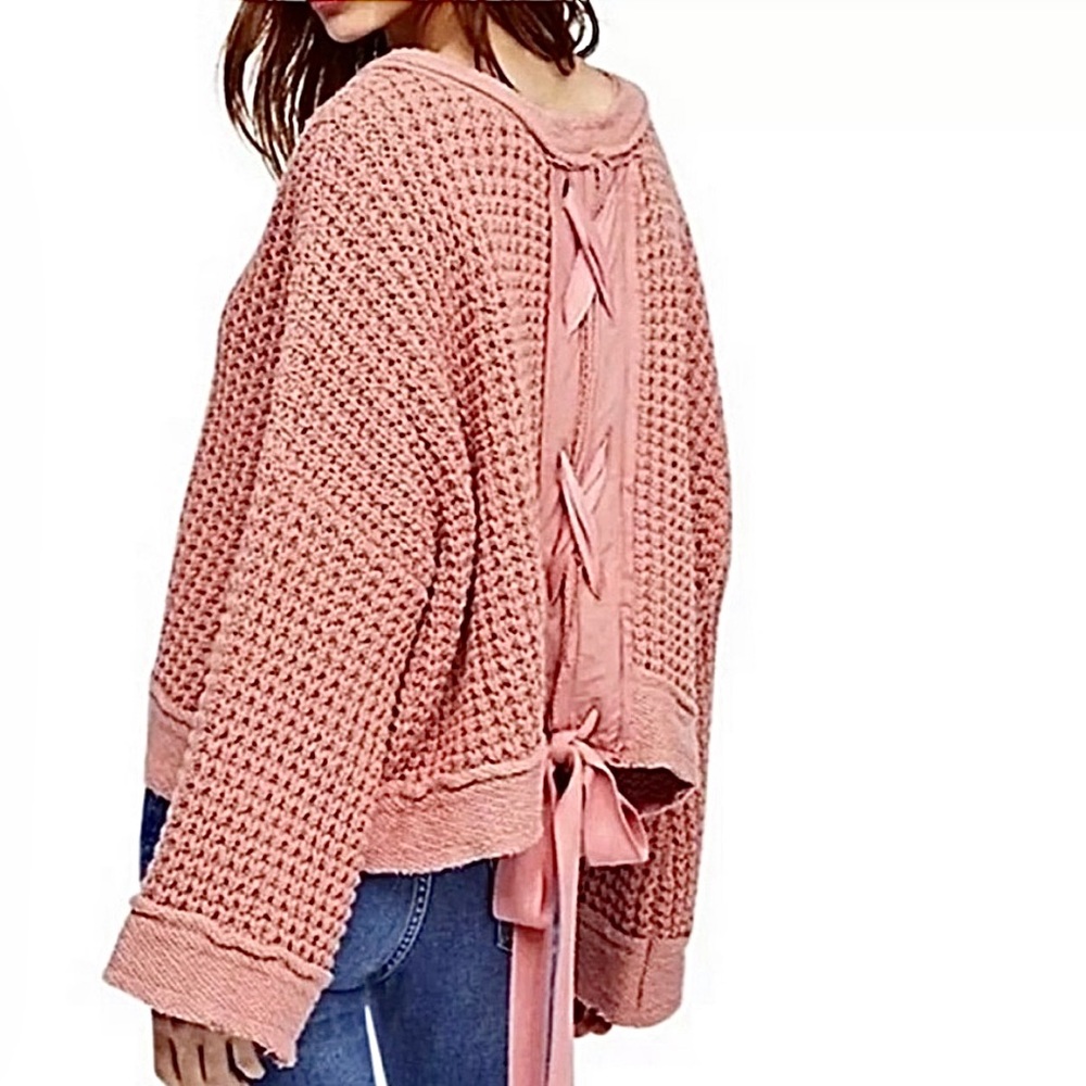 • Free People Maybe Baby Lace-up Corset Back Sweater in Rose •
